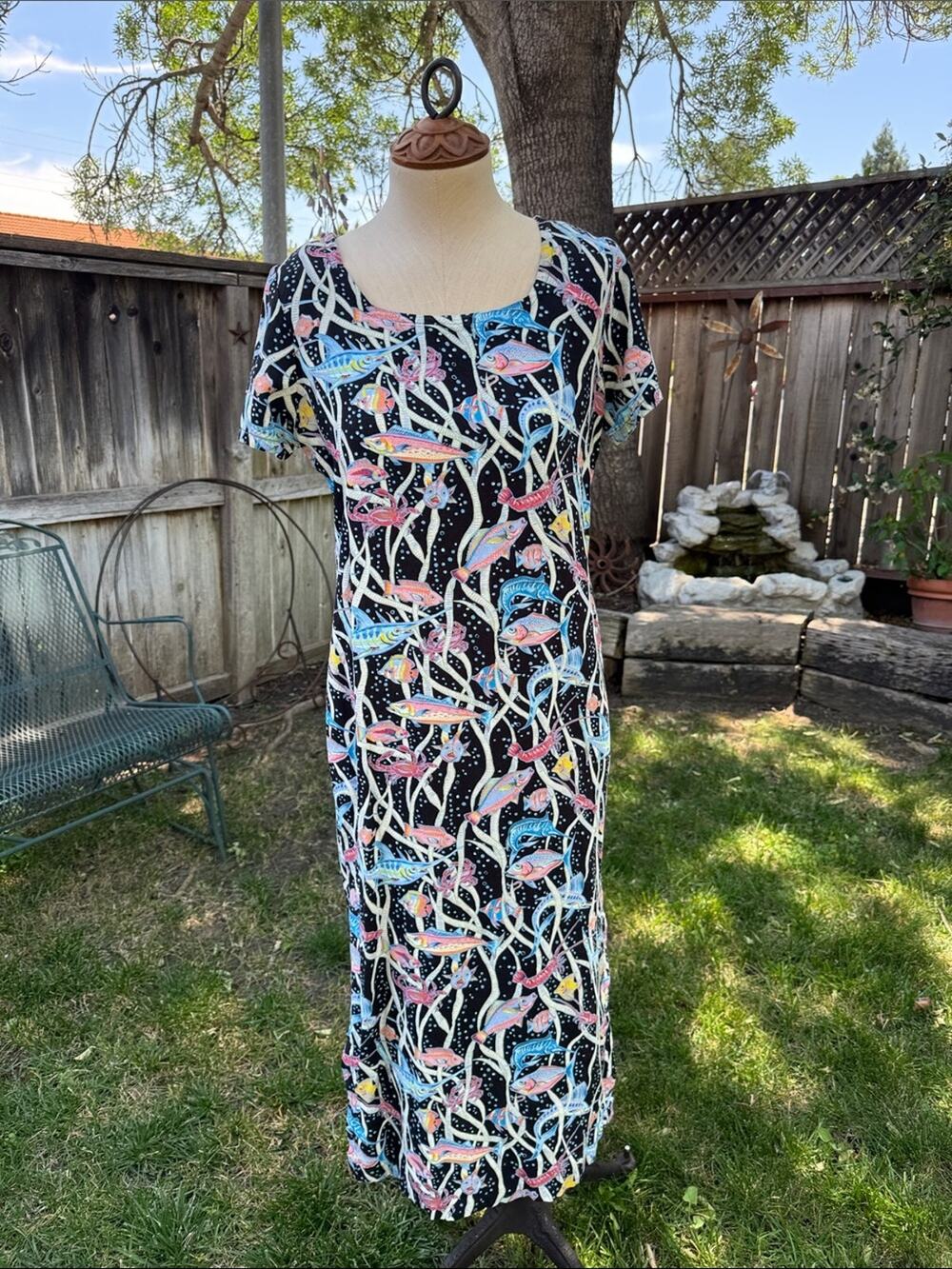 Vintage 90's Reyn Spooner Tropical Fish Hawaiian Spun Rayon Maxi Dress Size S